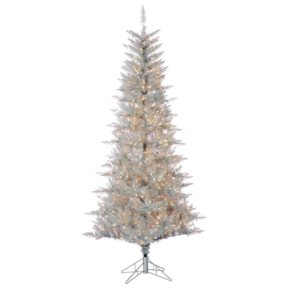 The Gerson Company 7.5" Pre-Lit Tuscany Tinsel Christmas Tree with 450 Lights in Silver, , large