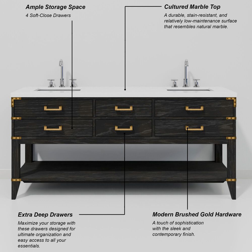 Lexora Home Norwalk 72" Double Bathroom Vanity in Black Oak with White Cultured Marble Top  and Rectangle Sink, , large