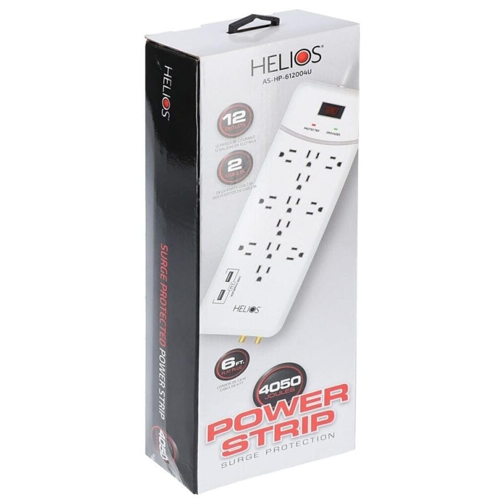 Helios 12-Outlet Surge Protector with 2 USB Charging Ports in White, , large