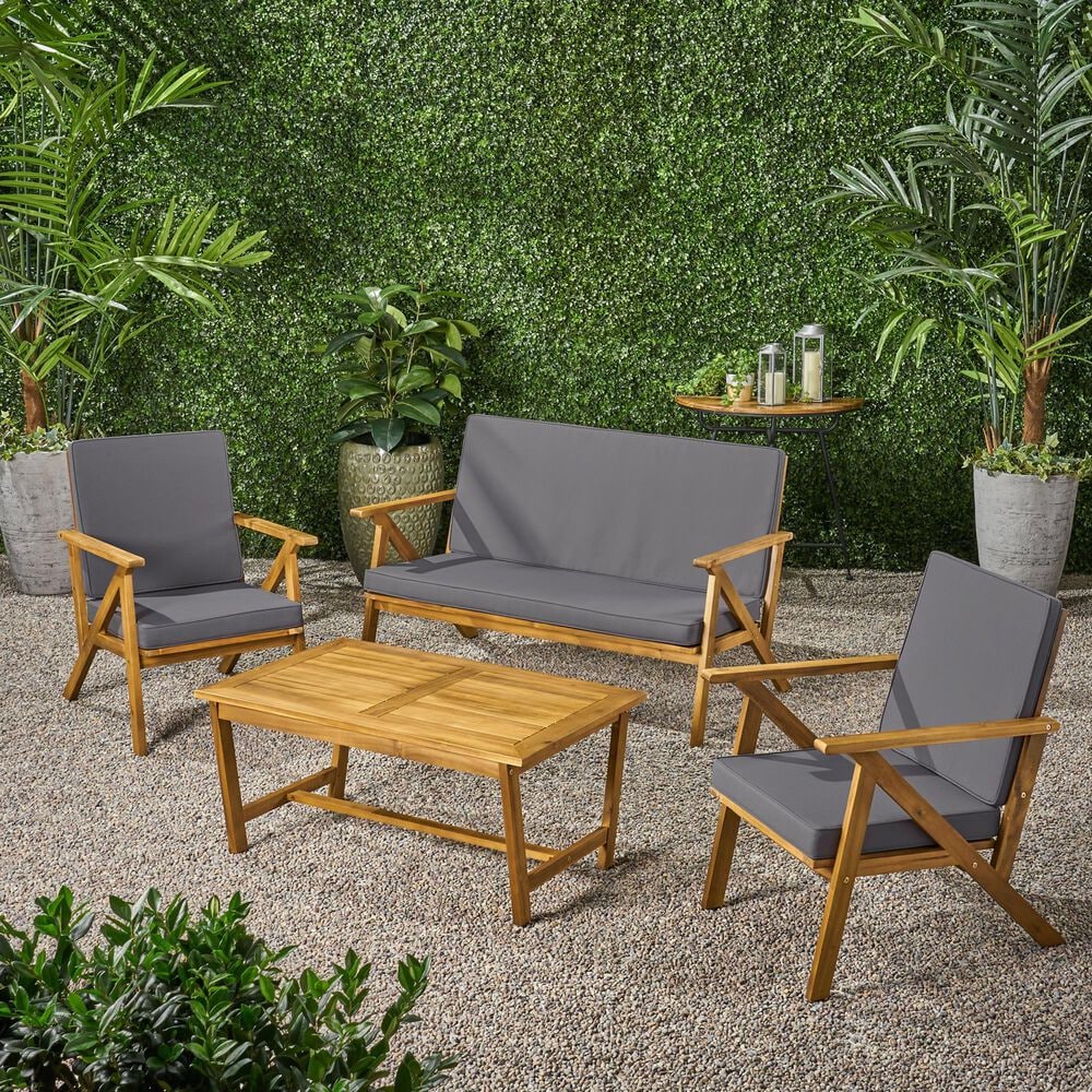 Hearth and Haven Panama 4-Piece Patio Conversation Set with Gray Cushion in Teak, , large
