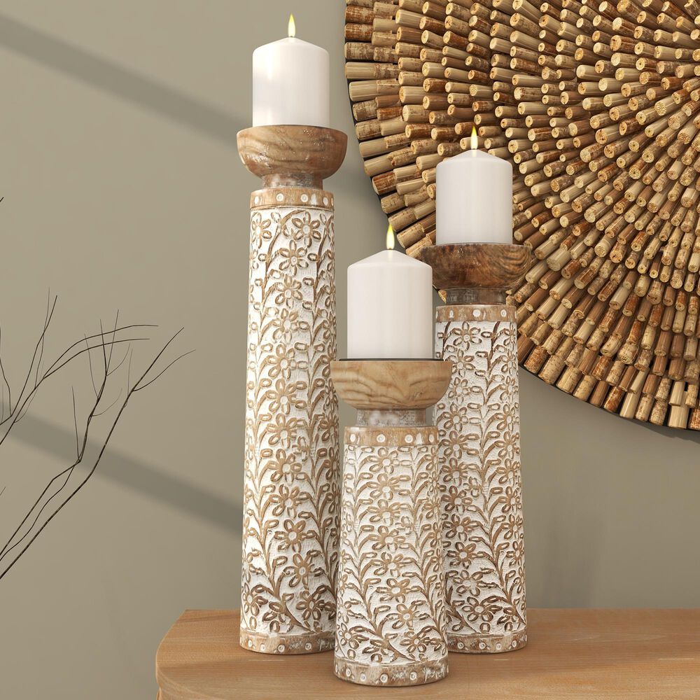 Maple and Jade Handmade Candle Holder in Golden Brown and Whitewashed &#40;Set of 3&#41;, , large