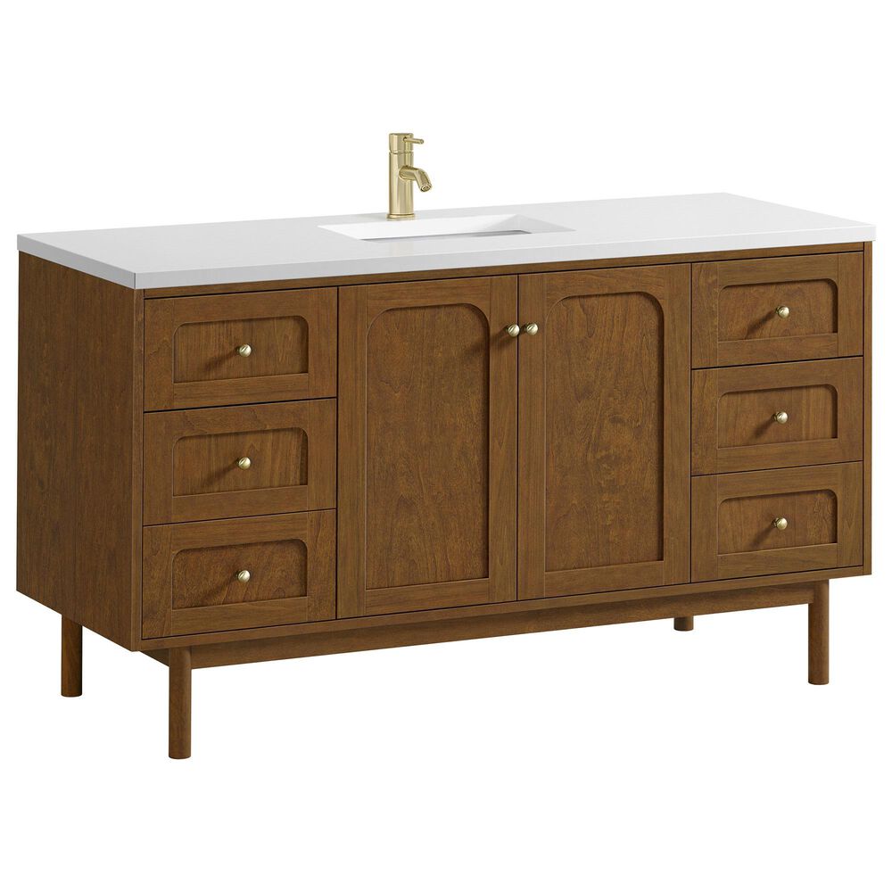 James Martin Laurent 60" Single Bathroom Vanity in Honey Oak with Single Hole 3 cm White Zeus Silestone Top and Rectangular Sink, , large