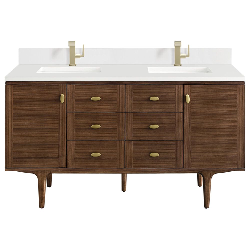 James Martin Vanities Amberly 60" Double Bathroom Vanity in Mid-Century Walnut with 3 cm Parisien Bleu Quartz Top and Rectangular Sinks, , large