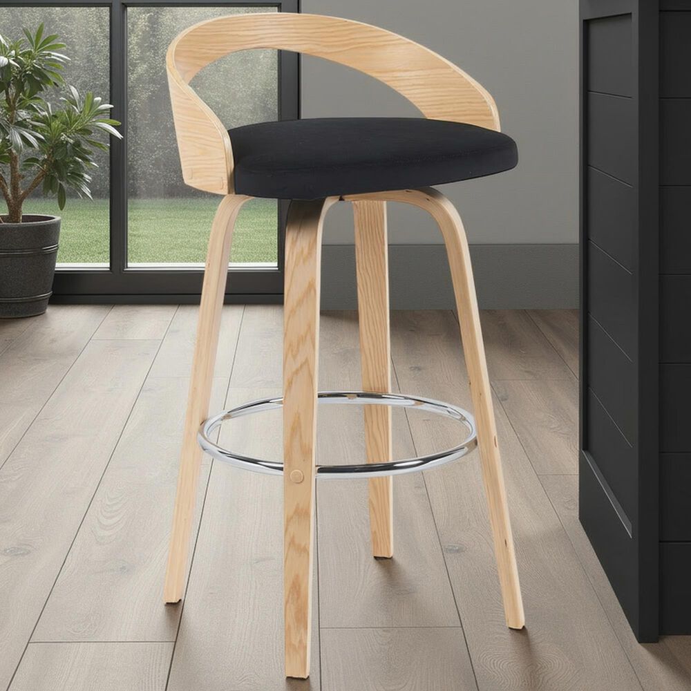 Armen Living Sonia Swivel Bar Height Stool with Black Upholstery in Oak, , large