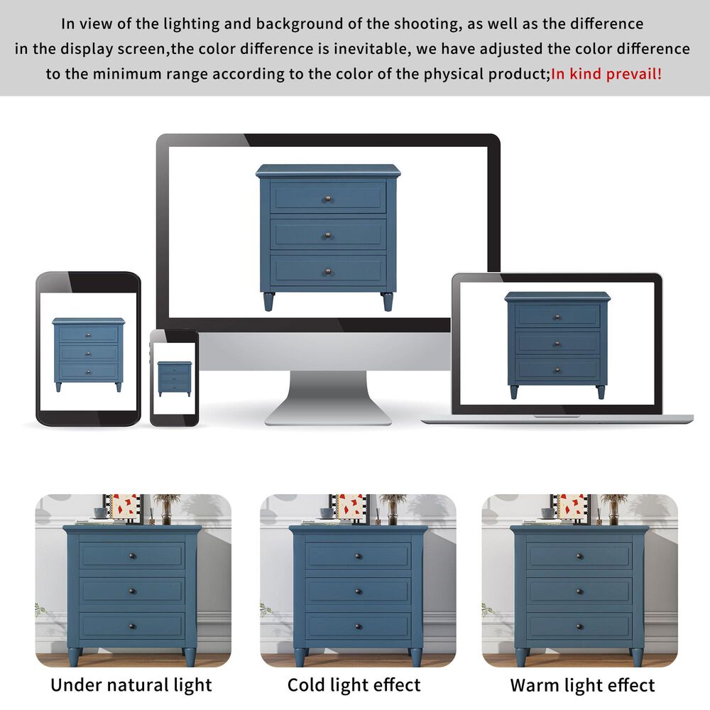 Hearth and Haven 3-Drawer Nightstand with Smooth Gliding Rails in Blue, , large