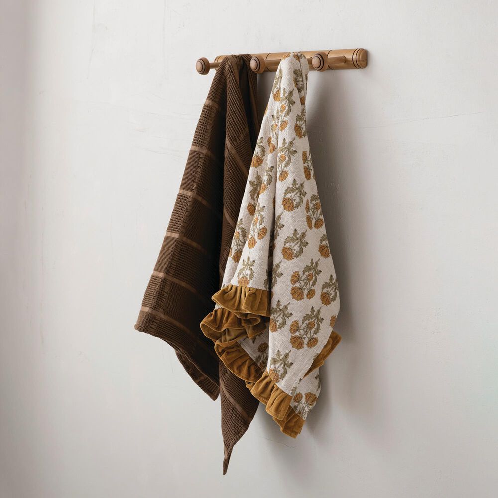 Creative Coop Cozy 60"x 50" Cotton Slub Printed Throw with Velvet Ruffle in Multicolor, , large