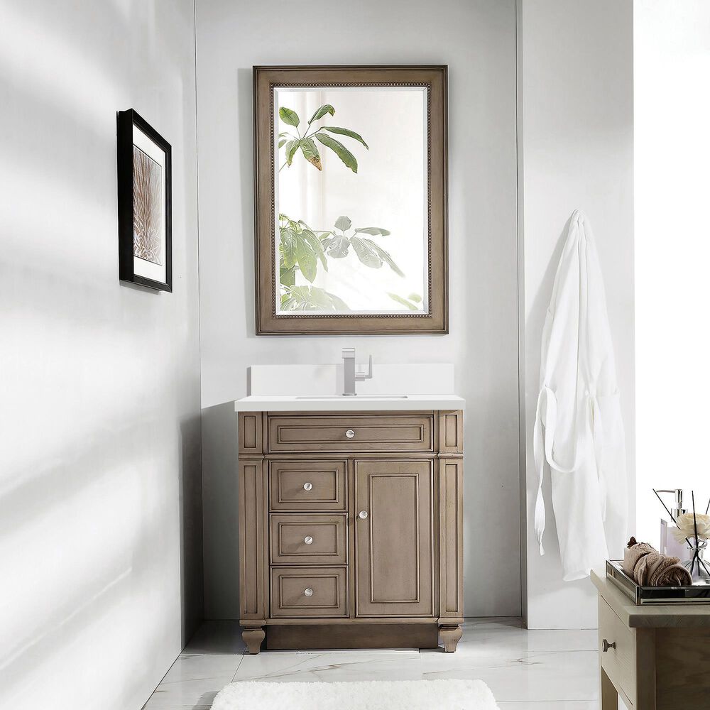 James Martin Vanities Bristol 30&quot; Single Bathroom Vanity in Whitewashed Walnut with Single Hole 3 cm White Zeus Quartz Top and Rectangular Sink, , large