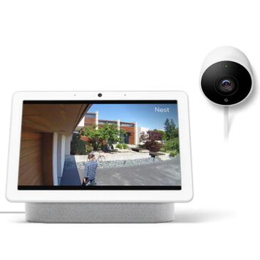 Google Nest Hub Max with Google Assistant - Chalk + Nest Indoor and Outdoor Battery-Powered Security Camera in Snow, , large