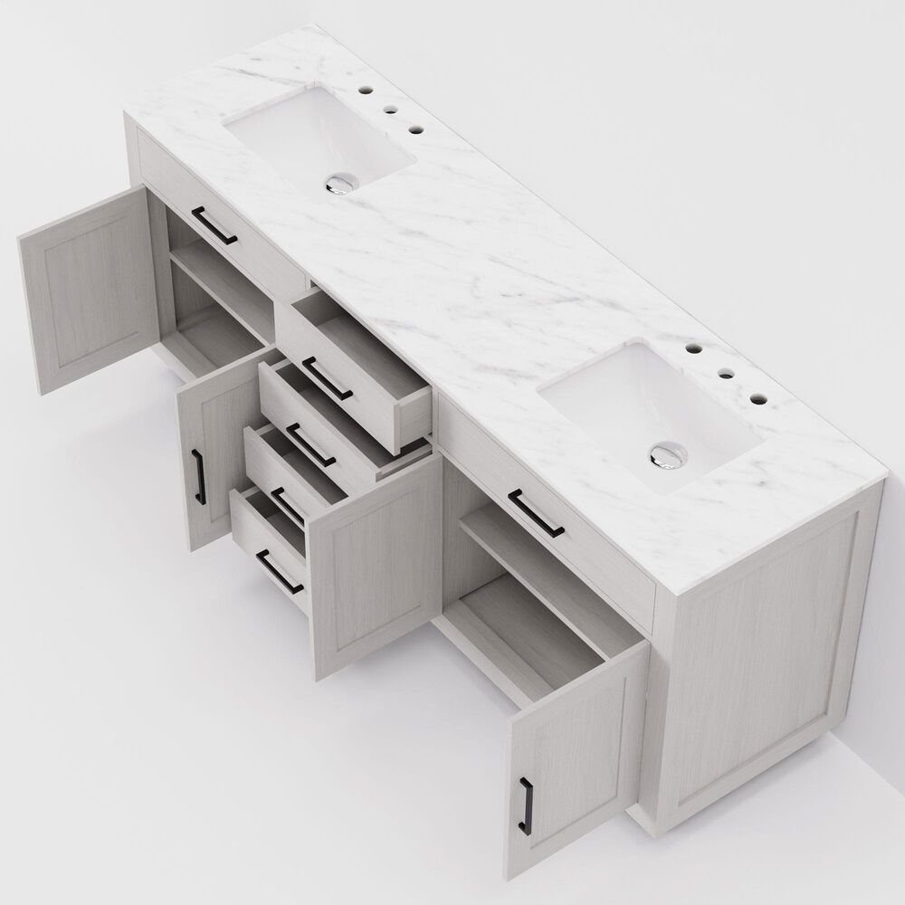 Lexora Home Abbey 80&quot; Double Bathroom Vanity in White Oak with 2 cm White Carrara Marble Top and Rectangular Sinks, , large