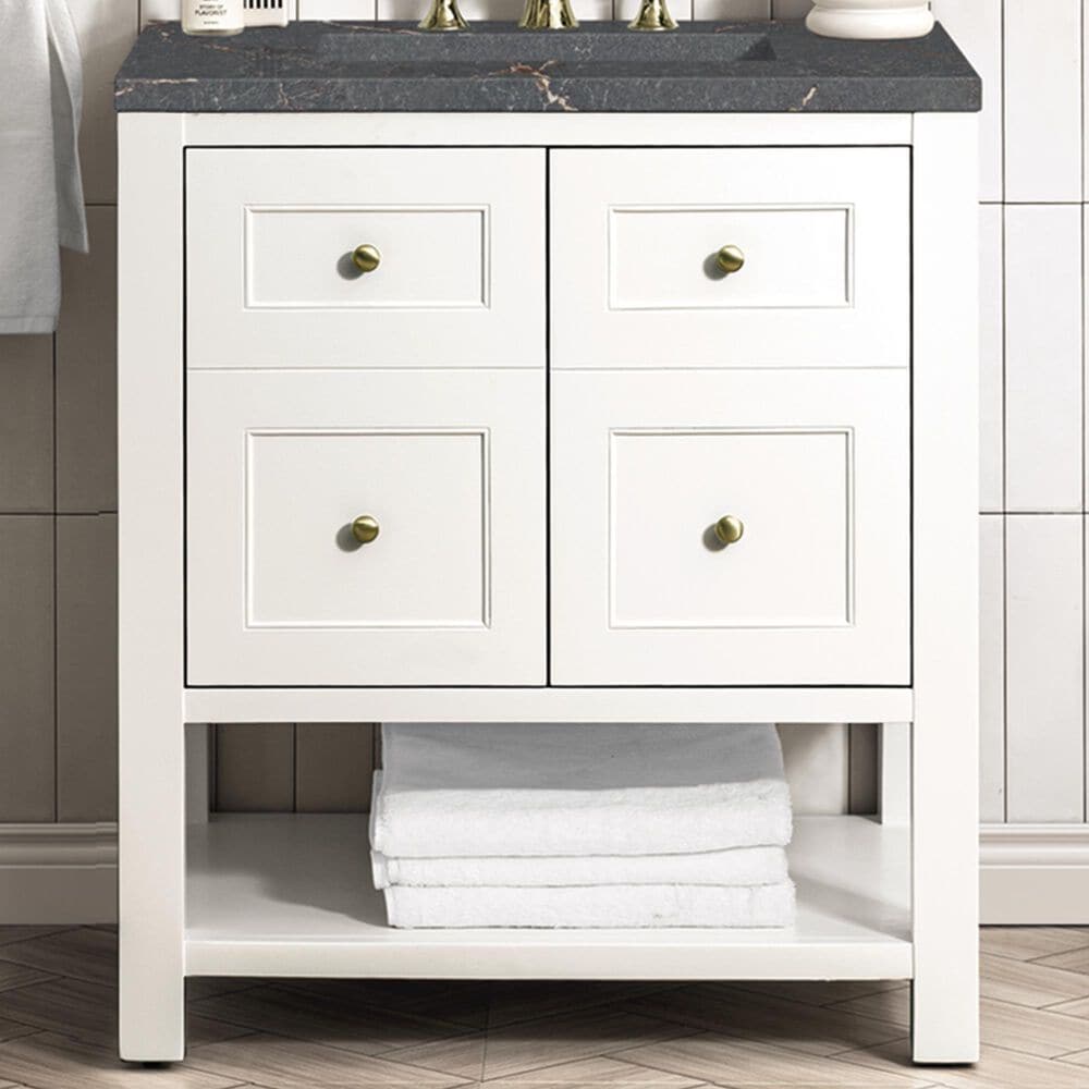 James Martin Vanities Breckenridge 30&quot; Single Bathroom Vanity in Bright White with 3 cm Parisien Bleu Quartz Top and Rectangular Sink, , large