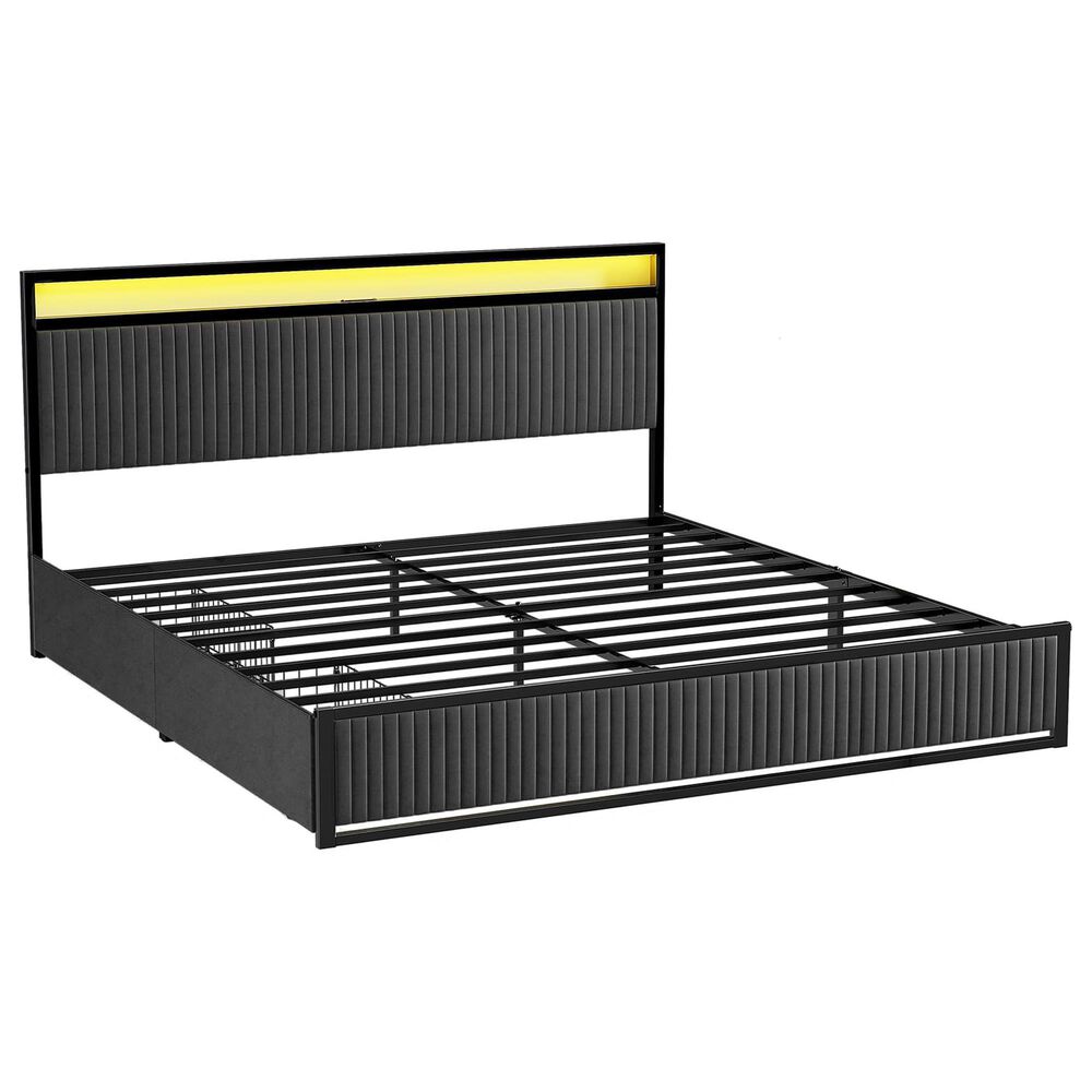 HOMLUX 2-Drawer King Storage Bed with LED Headboard and USB Ports in Gray, , large