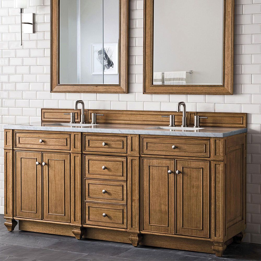 James Martin Vanities Bristol 72&quot; Double Bathroom Vanity in Saddle Brown with 3 cm Arctic Fall Solid Surface Top and Rectangular Sinks, , large