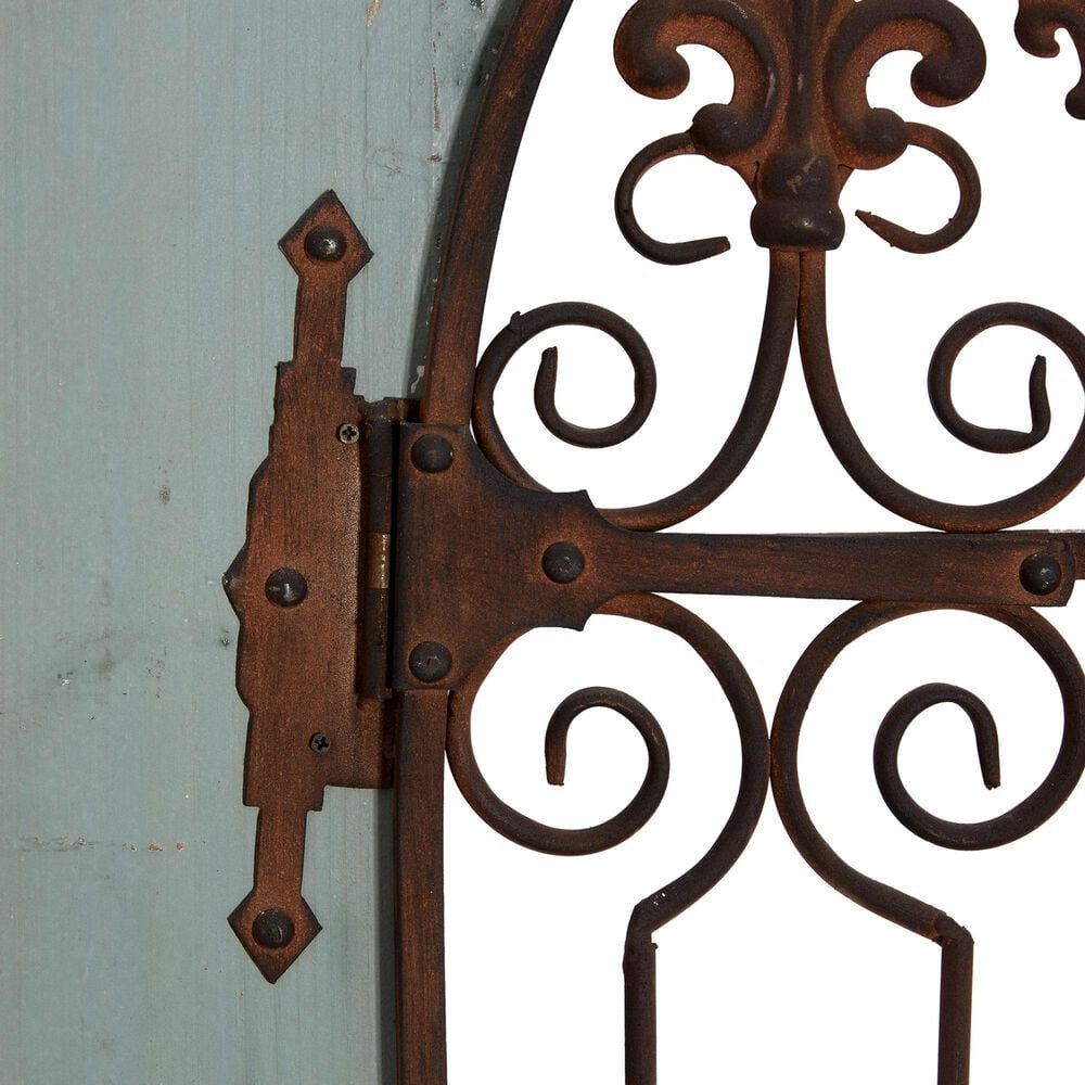 Maple and Jade 33&quot; x 50&quot; Arched Windowpane Fleur De Lis Home Wall Decor with Rust Metal Scrolled Gate in Distressed Blue and Bronze, , large