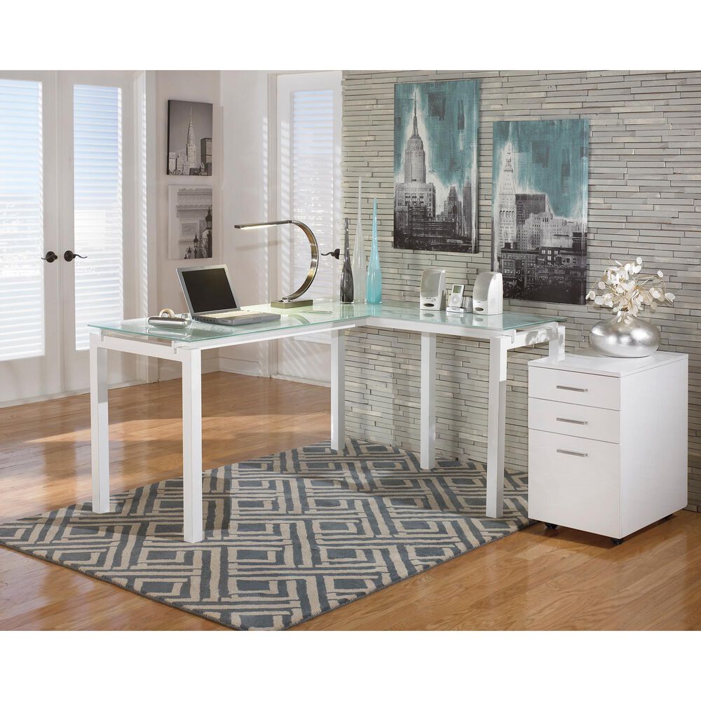 Ashley Baraga 61&quot; L-Desk with Glass Top in White, , large