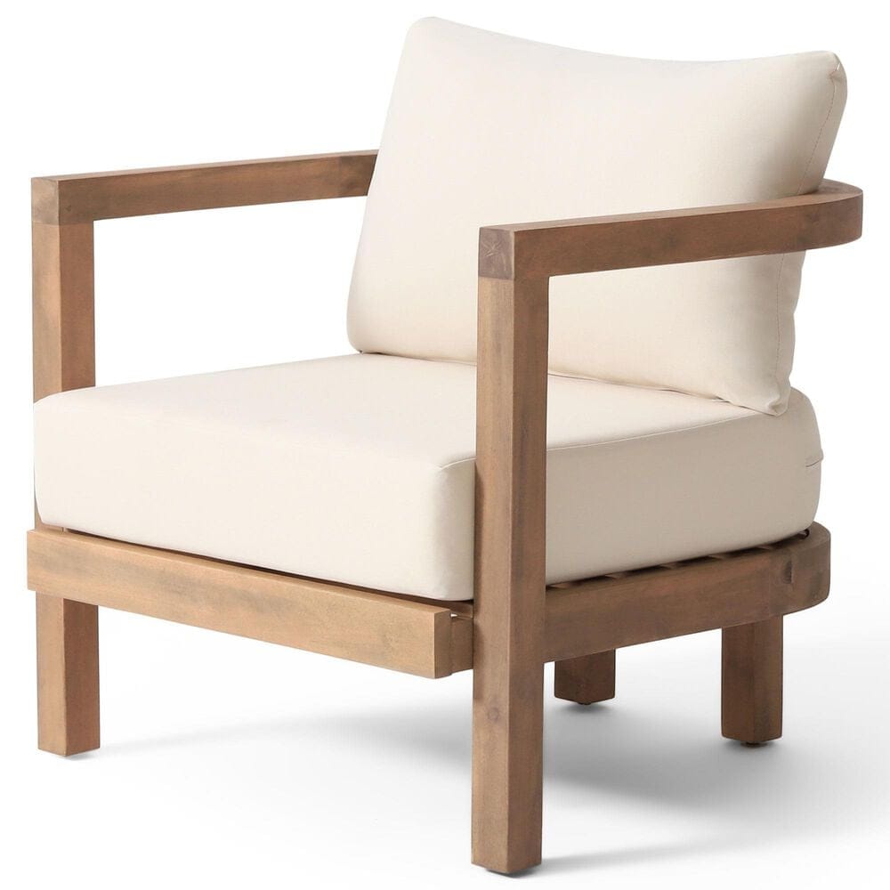 Hearth and Haven Outdoor Acacia Wood Club Chair with Open Back and Beige Cushions in Brown, , large