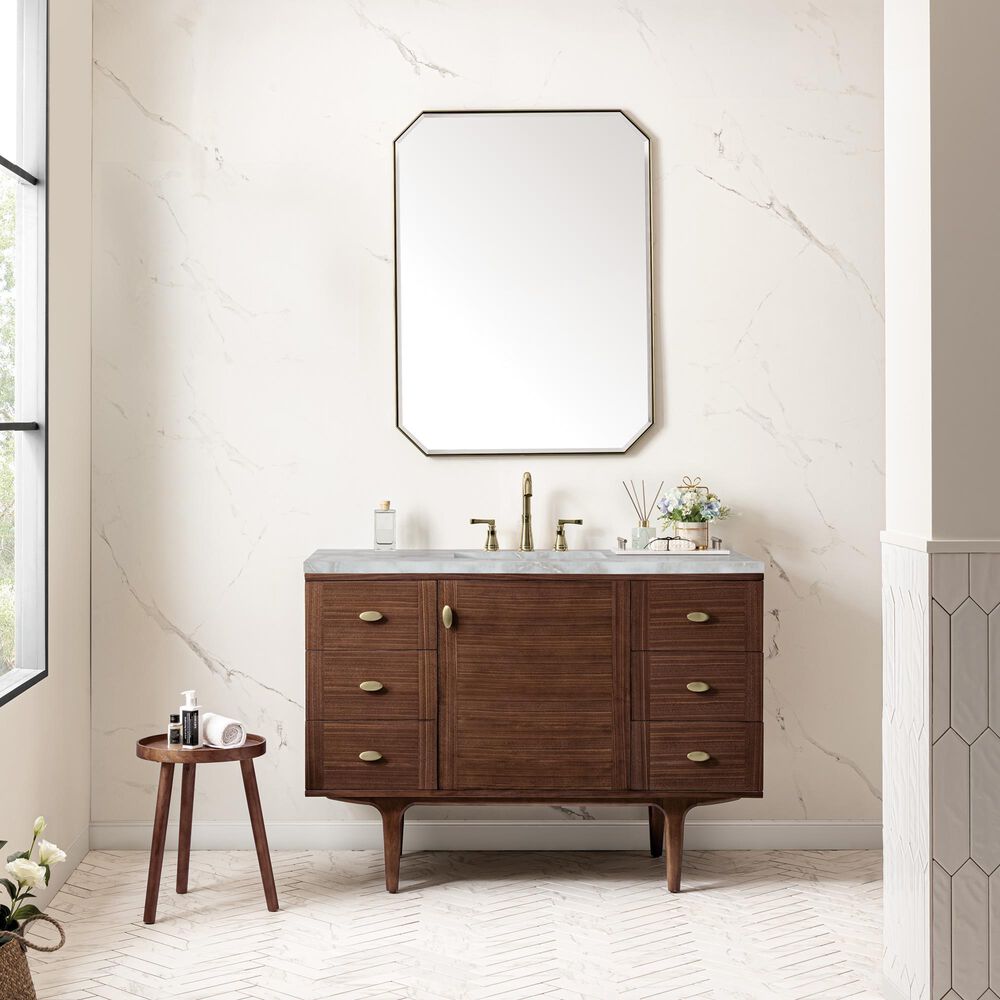 James Martin Vanities Amberly 48" Single Bathroom Vanity in Mid-Century Walnut with 3 cm Eternal Jasmine Pearl Silestone Top, Rectangular Sink and FreePower Wireless Charger, , large