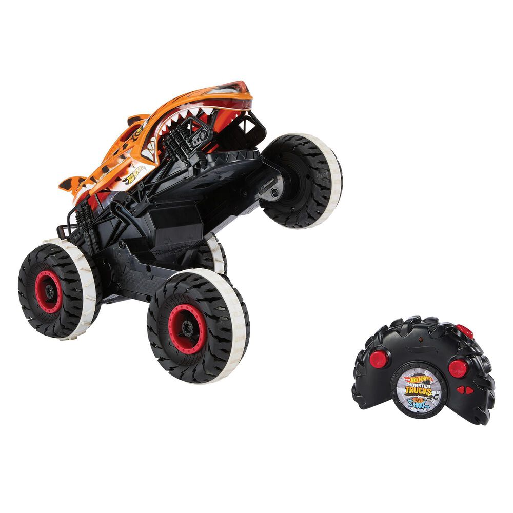 Hot Wheels Monster Trucks, Remote Control Car, 1:15 Scale Tiger Shark RC With All-Terrain Wheels, , large