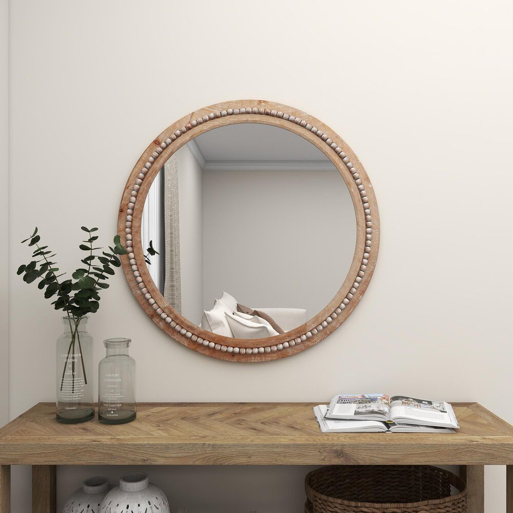 Maple and Jade 36&quot; Bohemian Wall Mirror with Beaded Frame in Distressed Light Brown and White, , large