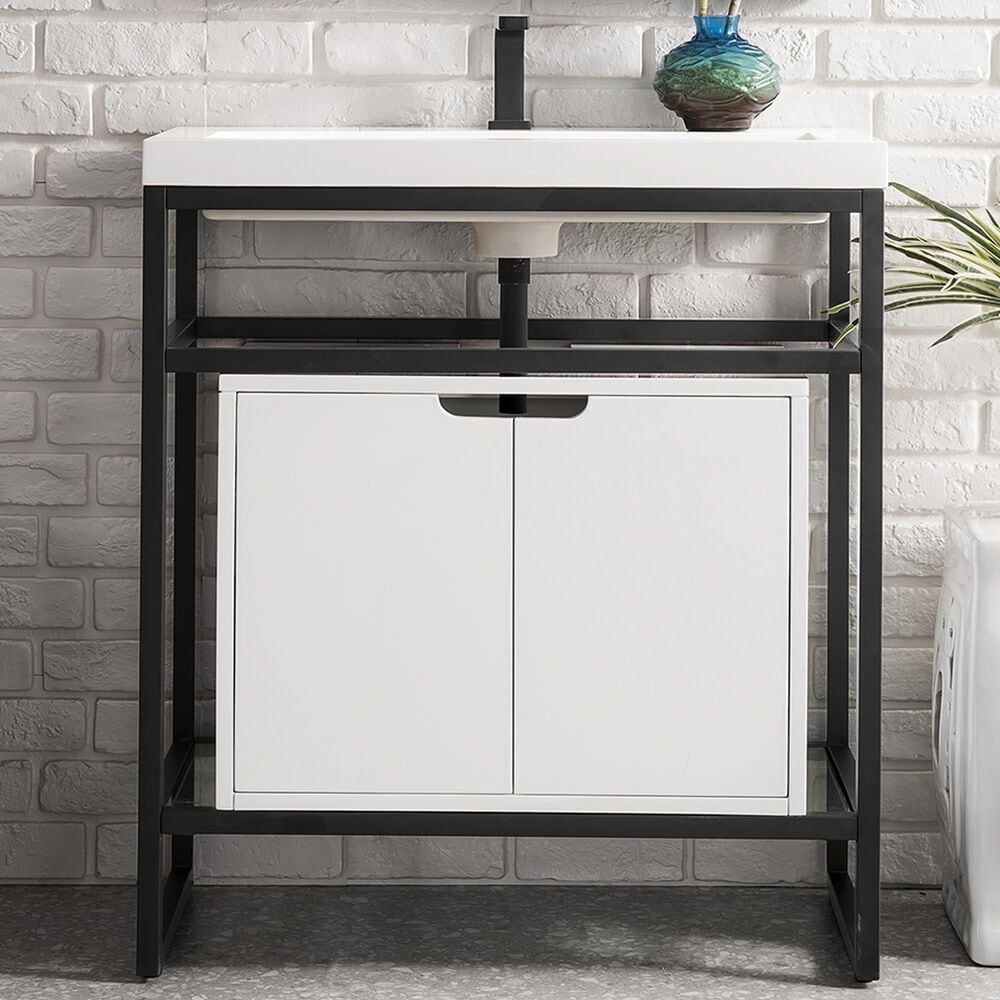 James Martin Vanities Boston 31.5&quot; Single White Door Bathroom Vanity in Matte Black with 3 cm White Glossy Resin Countertop and Rectangular Sink, , large