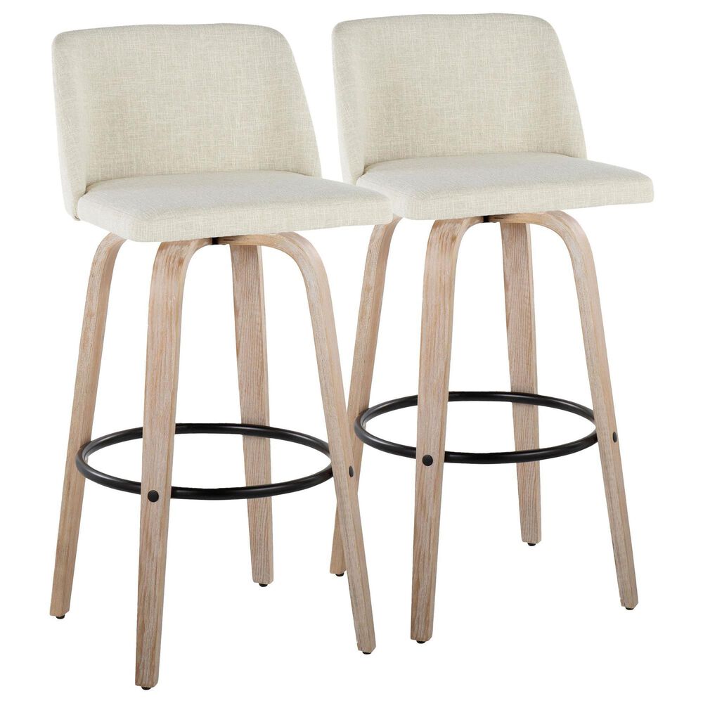 LumiSource Toriano Swivel Bar Stool with Cream Fabric Upholstery in Whitewashed and Black (Set of 2), , large