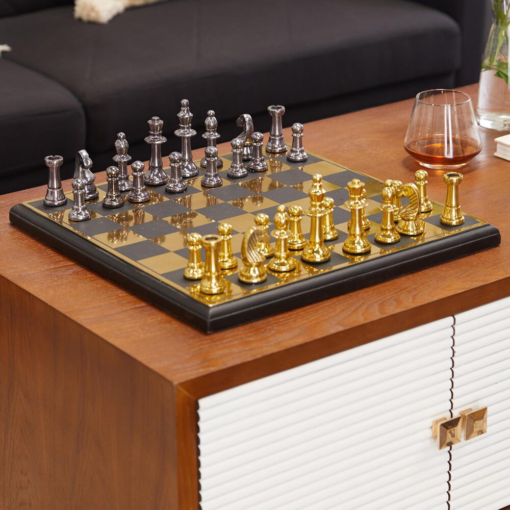 Maple and Jade Decor Chess Game Set in Polished Gold and Black, , large