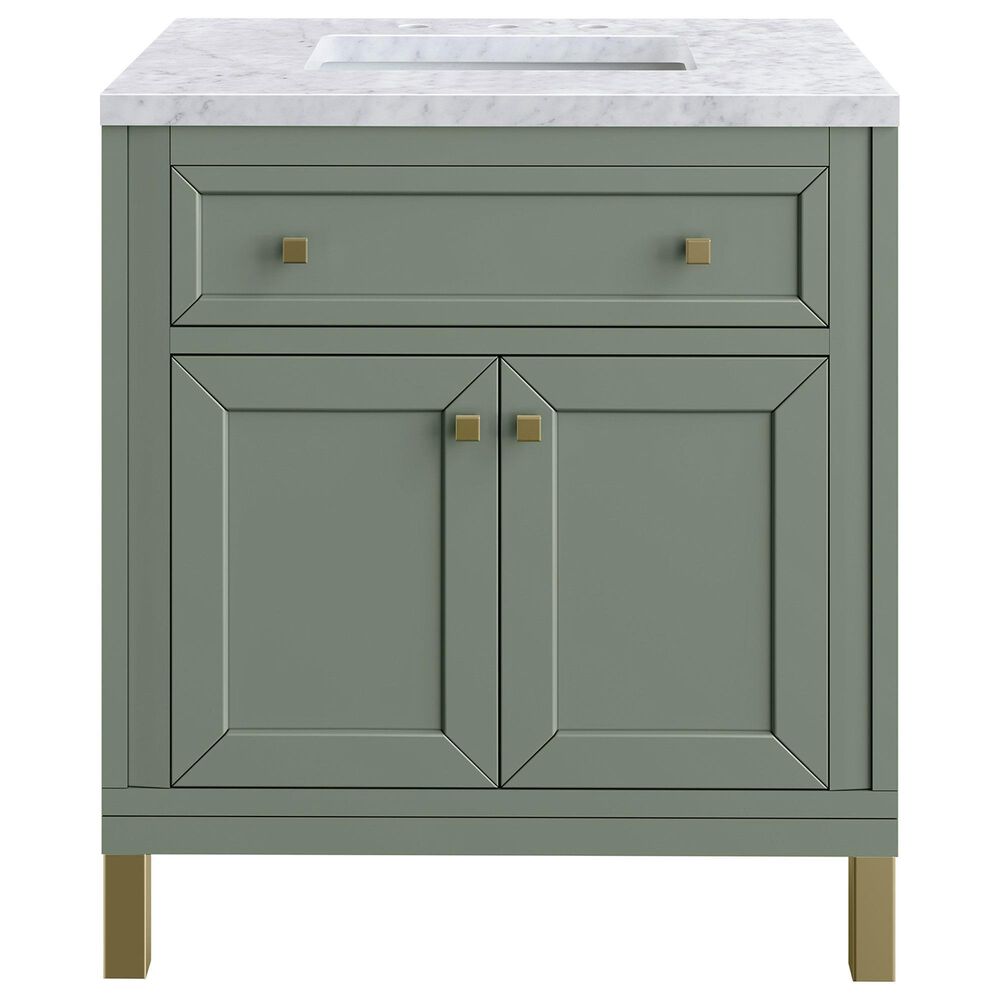 James Martin Vanities Chicago 30" Single Bathroom Vanity in Smokey Celadon with 3 cm Carrara White Marble Top and Rectangular Sink, , large