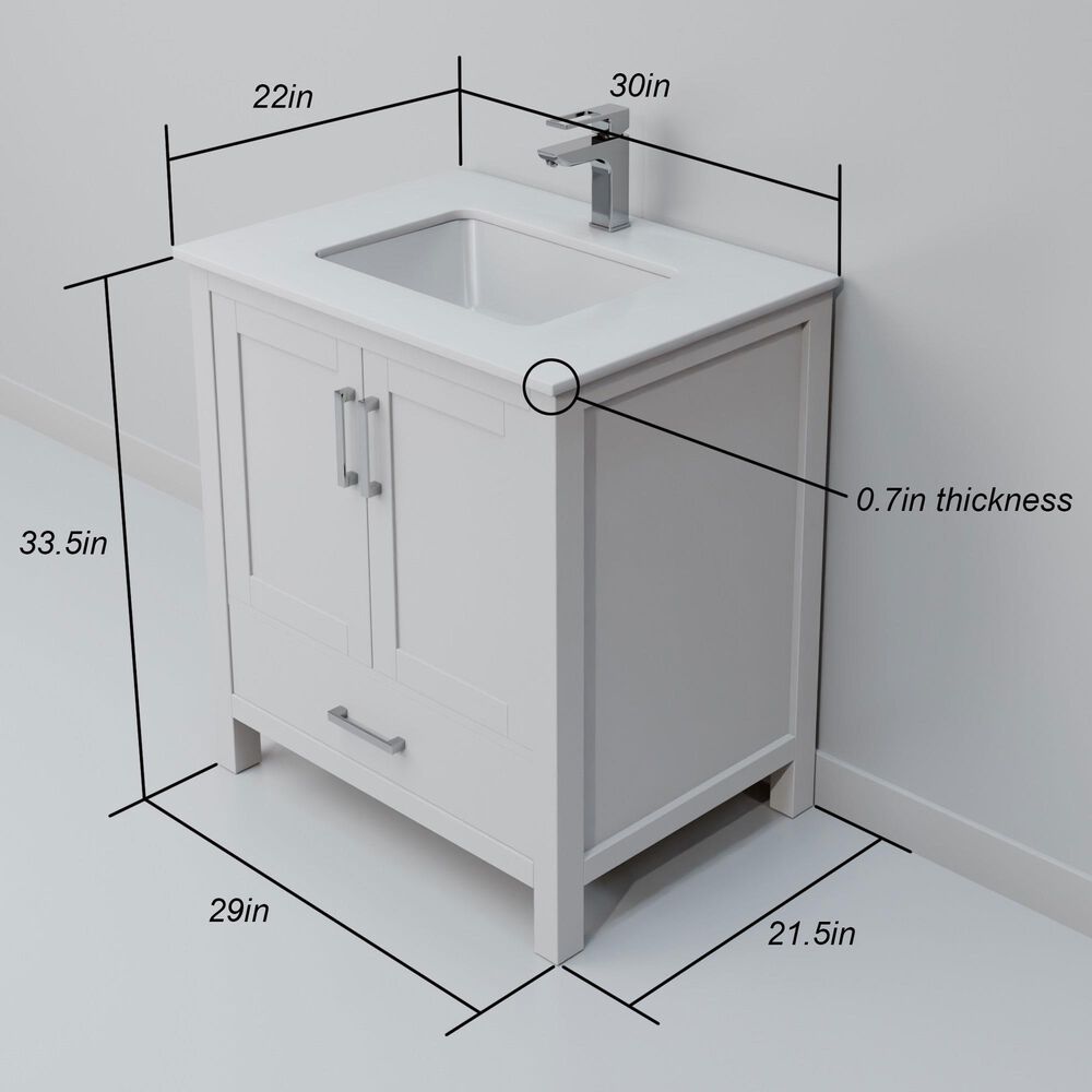 Lexora Home Jacques 30" Single Bathroom Vanity in White with 2 cm White Quartz Top and Rectangular Sink, , large
