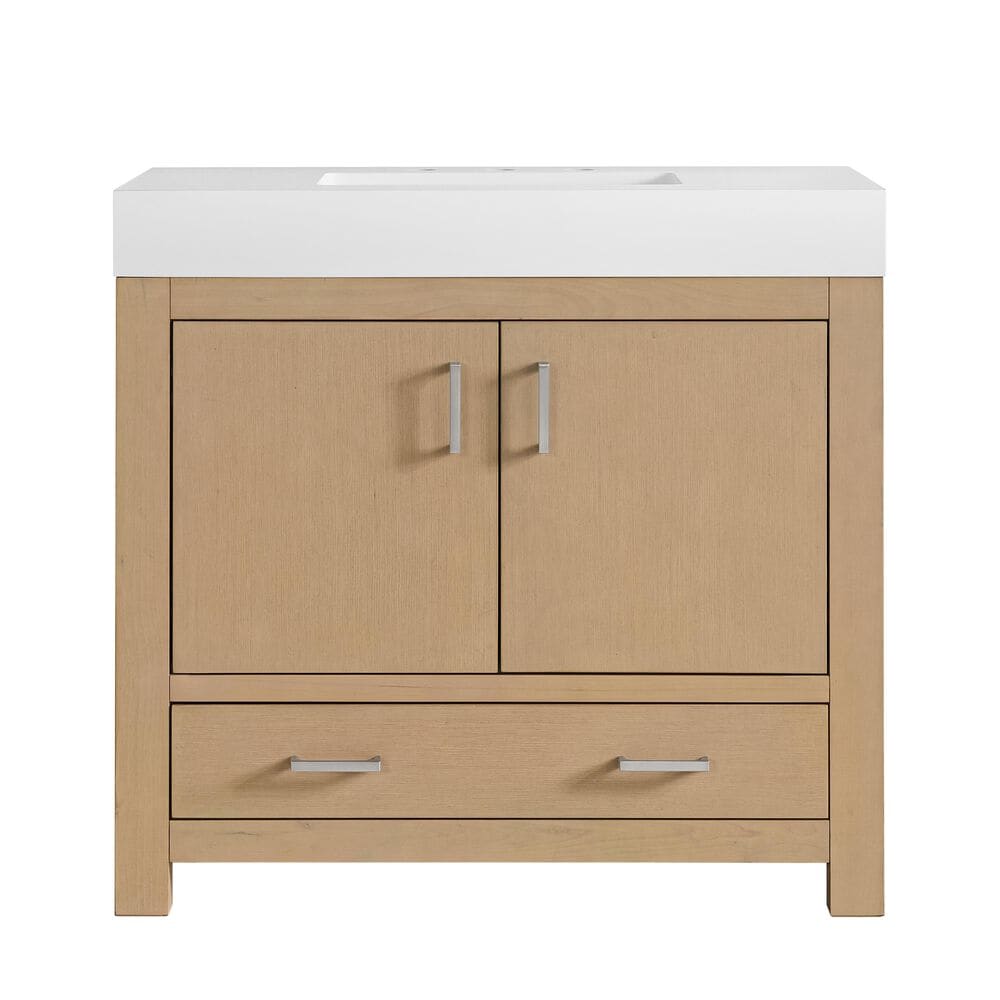 37B Alanya 36" Single Bathroom Vanity in Warm Oak with White Composite Stone Top, , large