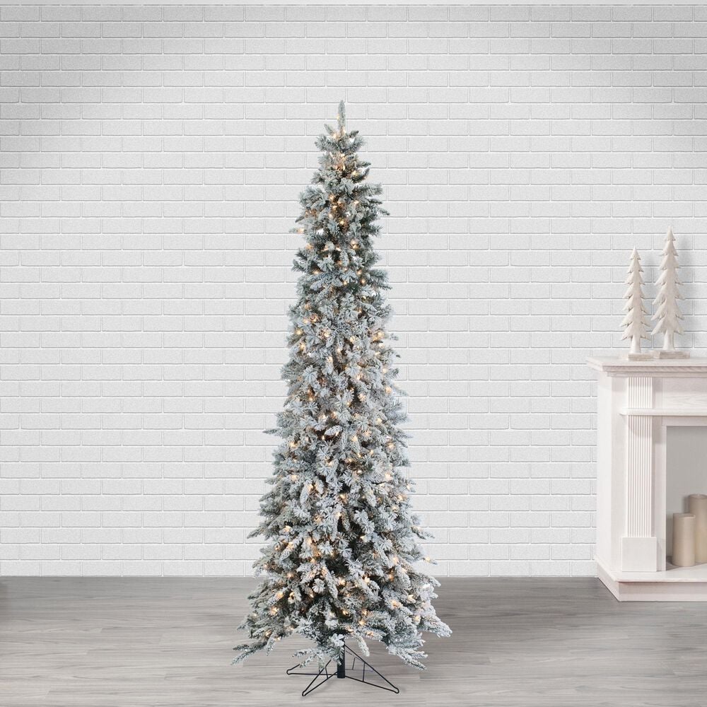 The Gerson Company 9&#39; Pre-Lit Artificial Narrowed Flocked Pencil Pine with White Lights in Green, , large