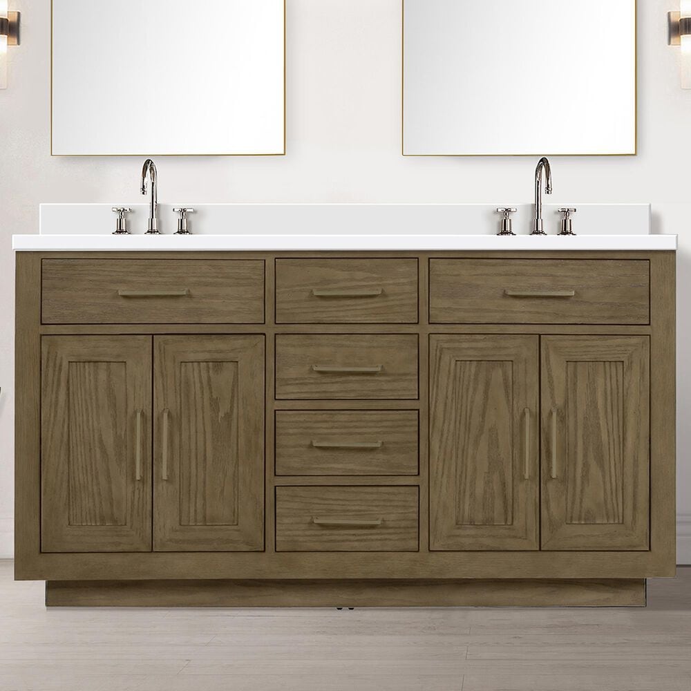 Lexora Home Abbey 60&quot; Double Bathroom Vanity in Grey Oak with 2 cm White Quartz Top and Rectangular Sinks, , large