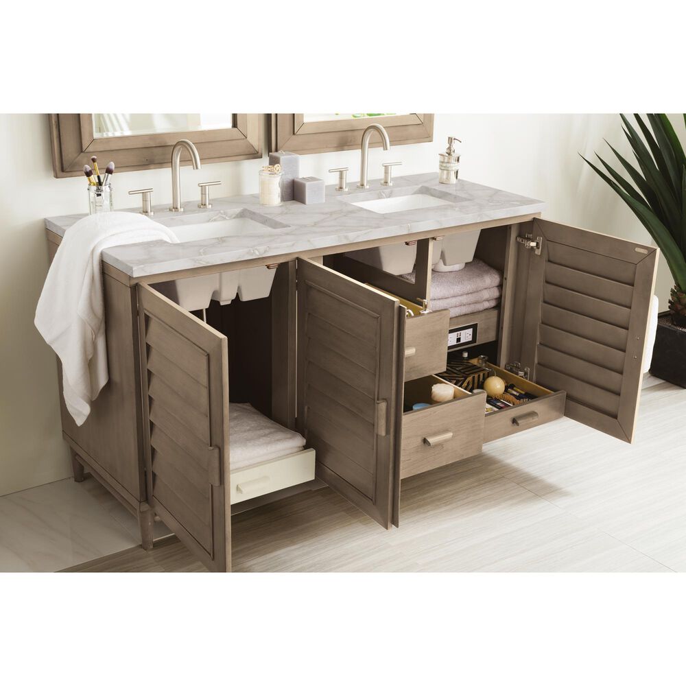 James Martin Vanities Portland 60&quot; Double Bathroom Vanity in Whitewashed Walnut with 3 cm Victorian Silver Quartz Top and Rectangular Sinks, , large