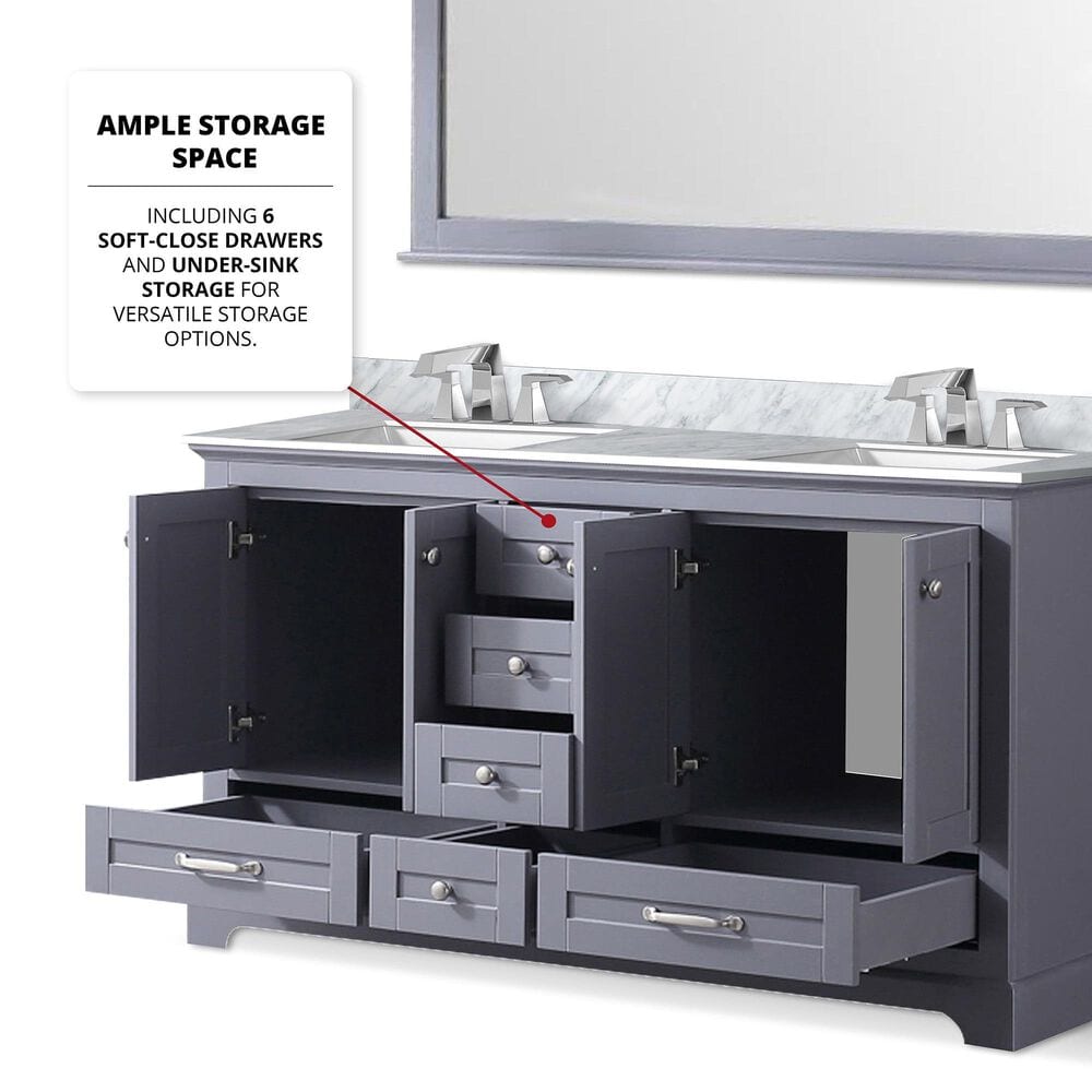 Lexora Home Dukes 60&quot; Double Bathroom Vanity in Dark Grey with White Carrara Marble Top, Rectangular Sinks and 58&quot; Mirror, , large
