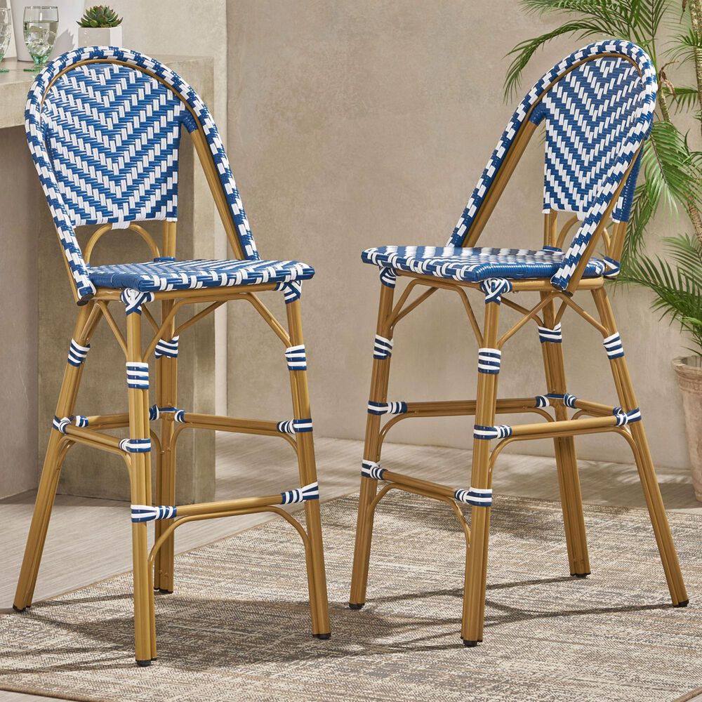 Hearth and Haven Outdoor Wicker French Barstool with Brown Aluminum Frame in Navy Blue (Set of 2), , large