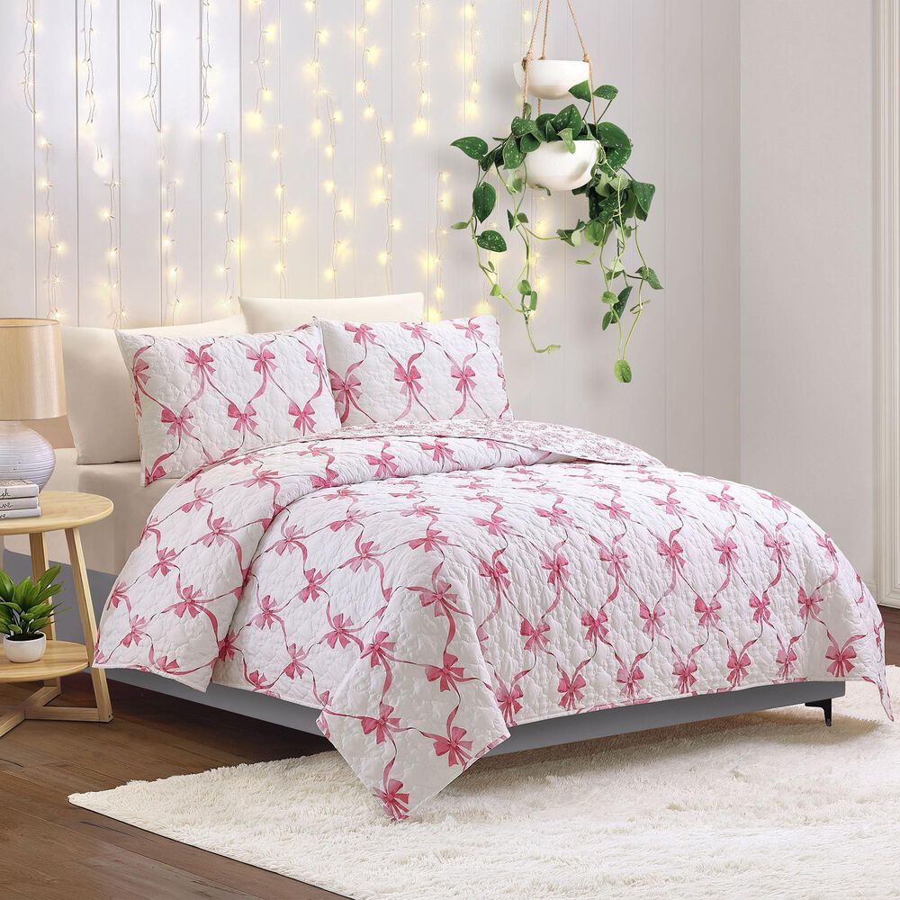 Peking Handicraft Abigail 2-Piece Bow Twin Quilt Set in Pink and White, , large
