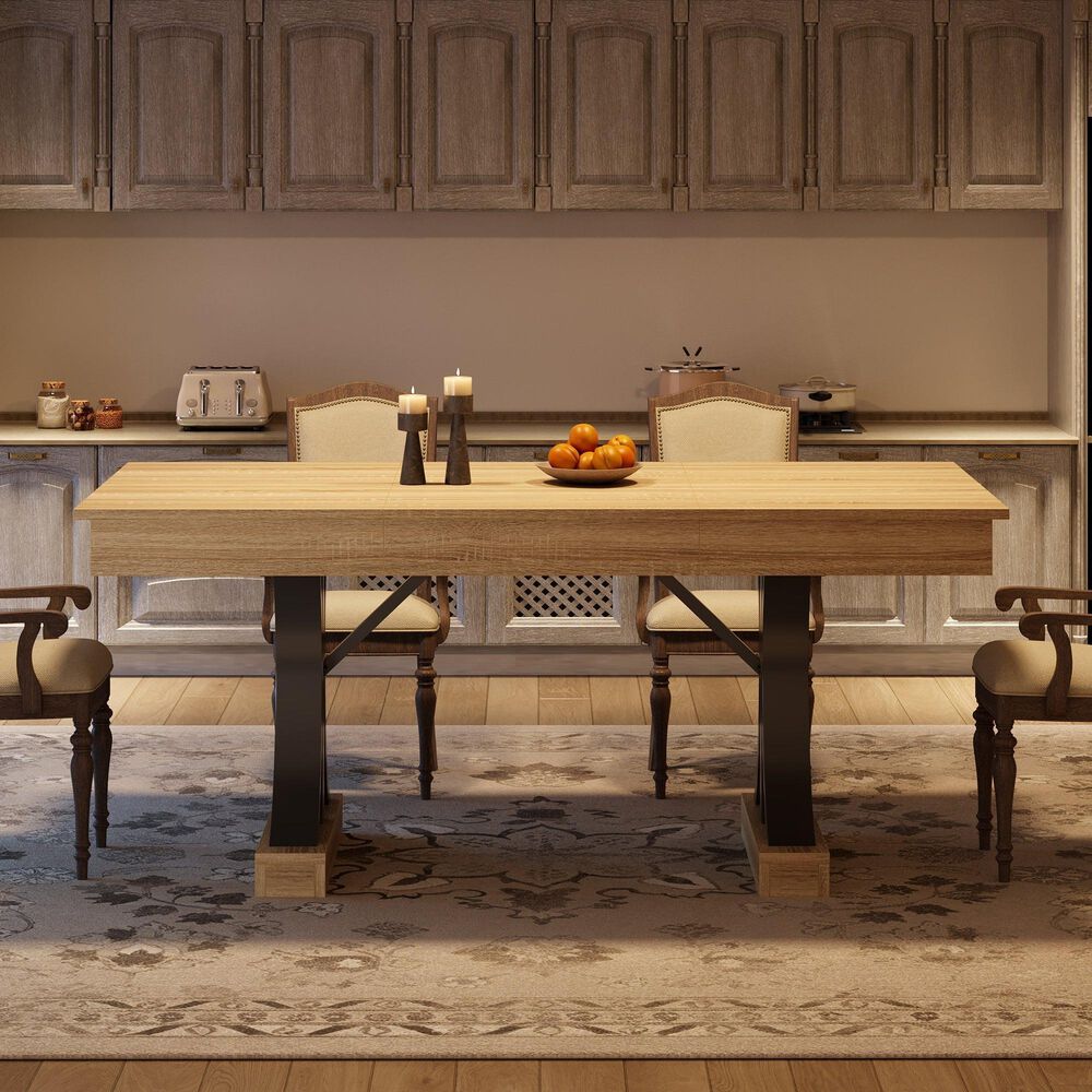 GARVEE 71" Rectangular Dining Table with Two Storage Drawers in Aged Natural - Table Only, , large
