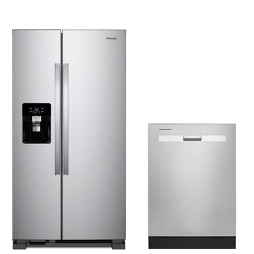 Whirlpool 2-Piece Kitchen Package with 24.6 Cu. Ft. Side-by-Side Refrigerator and 24" Pocket Handle Dishwasher in Stainless Steel , , large