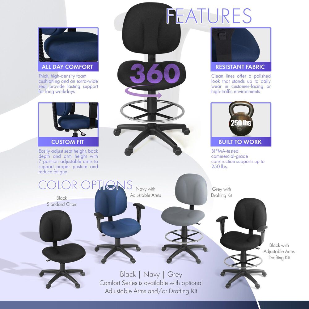 Regency Global Sourcing Comfort Series Swivel Computer Task Chair with Drafting Kit in Black, , large