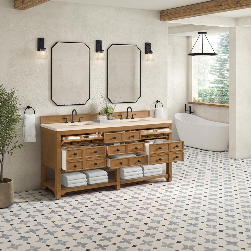 James Martin Vanities Malibu 72&quot; Double Bathroom Vanity in Amber Birch with 3 cm Eternal Marfil Quartz Top and Rectangular Sinks, , large