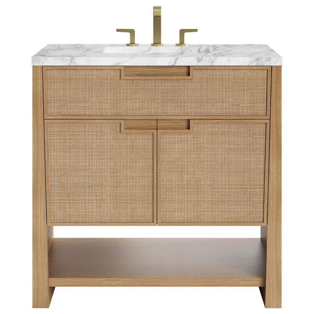 James Martin Vanities Solene 36" Single Bathroom Vanity in Seaside Oak with 3 cm Carrara White Marble Top and Rectangular Sink, , large
