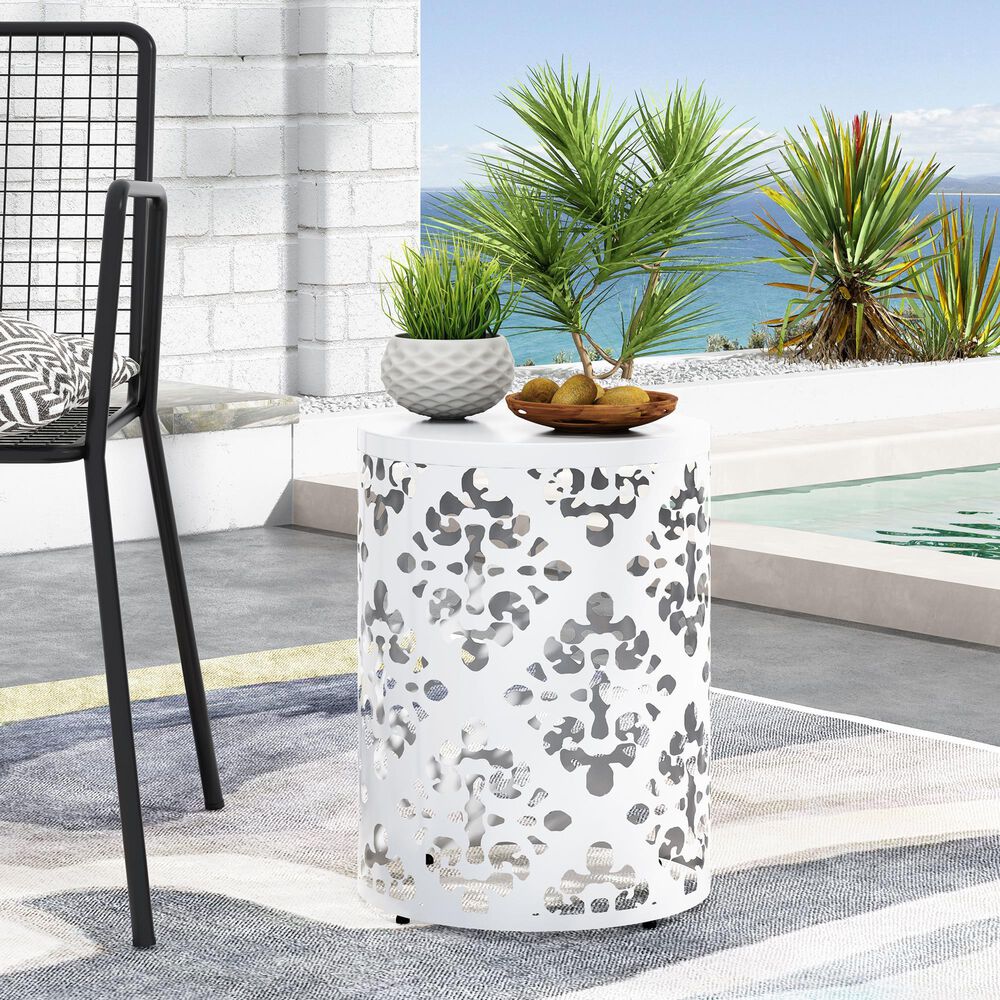 Hearth and Haven Outdoor End Side Table with Floral Pattern in White, , large