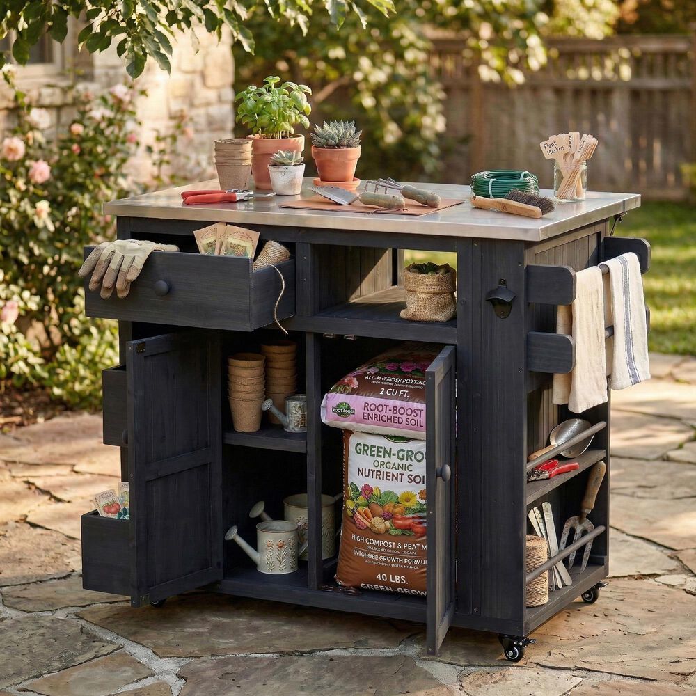 Hearth and Haven Outdoor Kitchen Island Cart with Extendable Stainless Steel Top and Adjustable Shelf in Black, , large