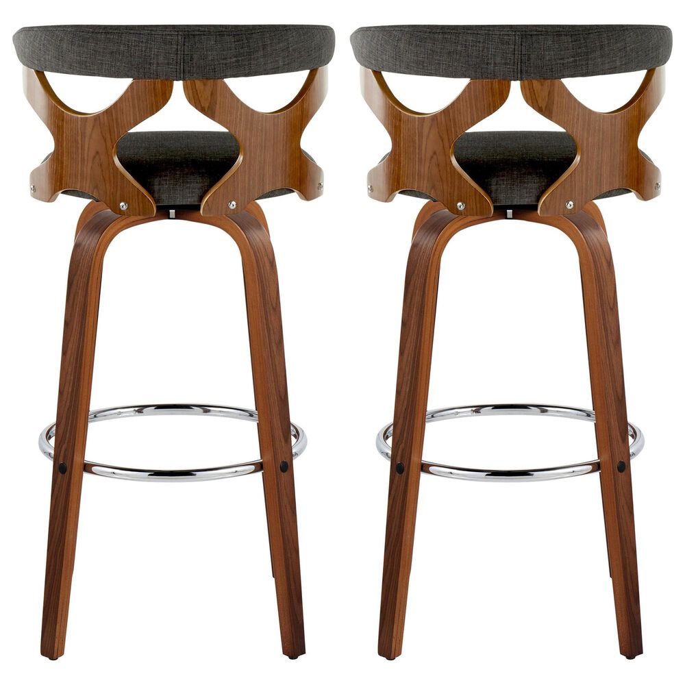LumiSource Gardenia Swivel Fixed-Height Bar Stool with Charcoal Fabric Upholstery in Chrome and Walnut (Set of 2), , large