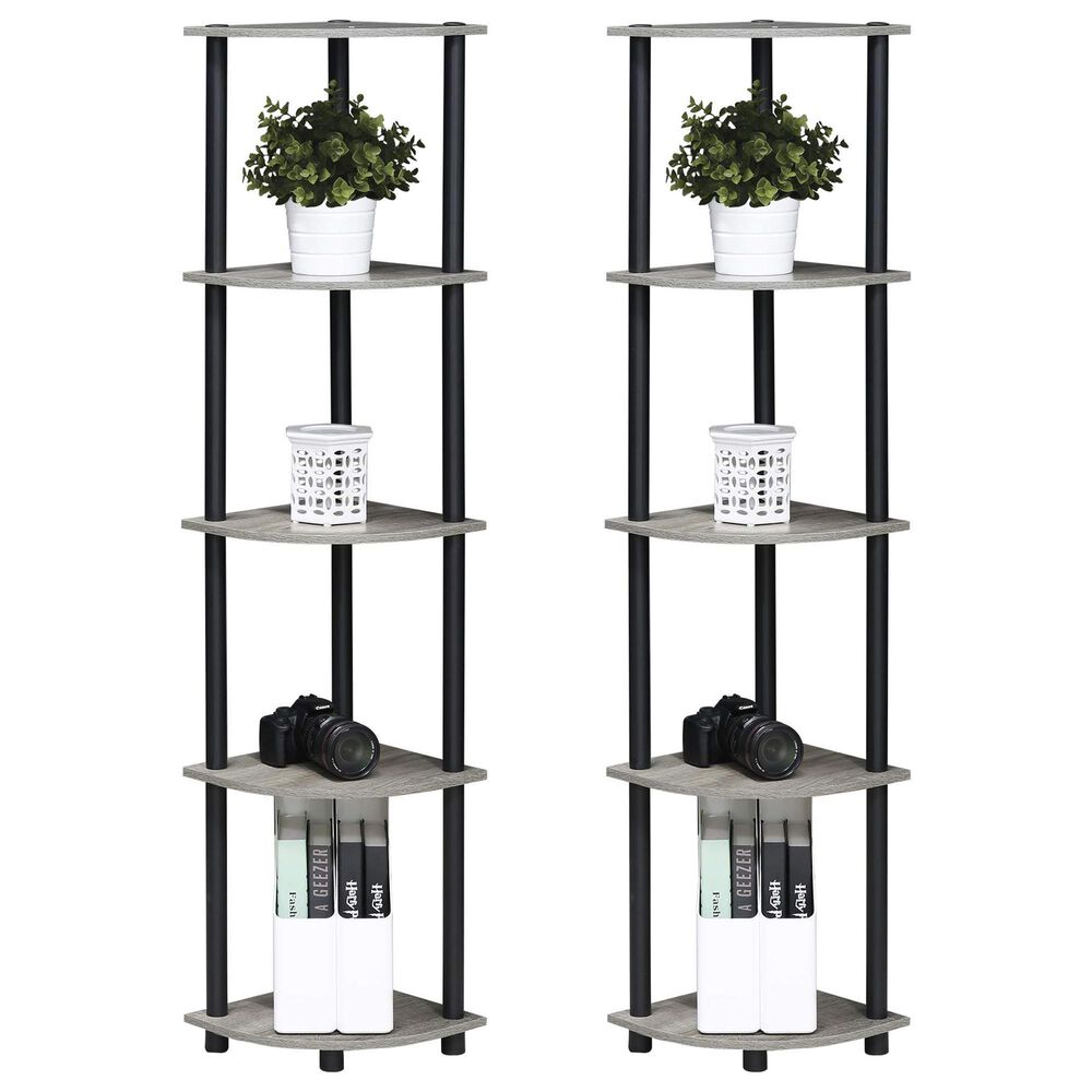 HOMLUX 5-Tier Multi-Purpose Corner Open Bookshelf in French Oak and Black (Set of 2), , large