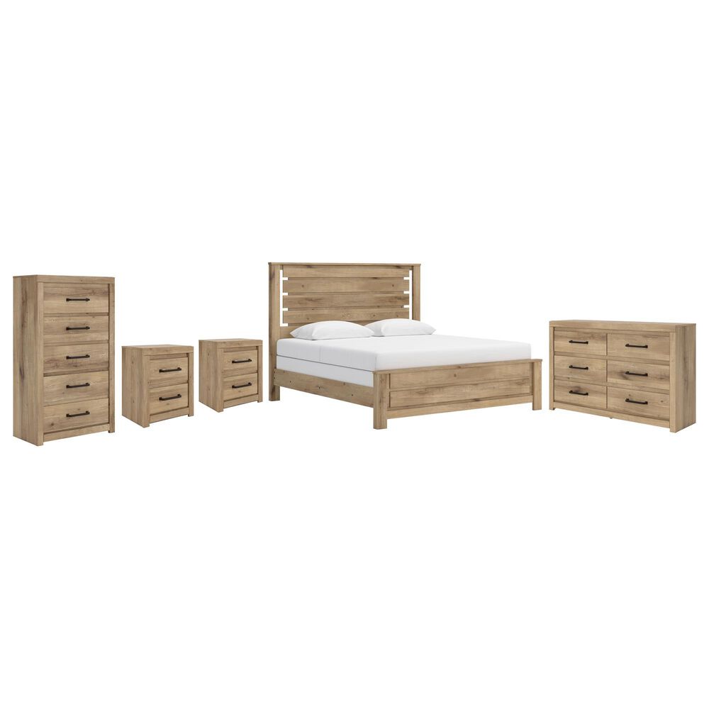 Ashley Brozmont King Panel Bed with Dresser Chest and 2 Nightstands in Natural Brown, , large