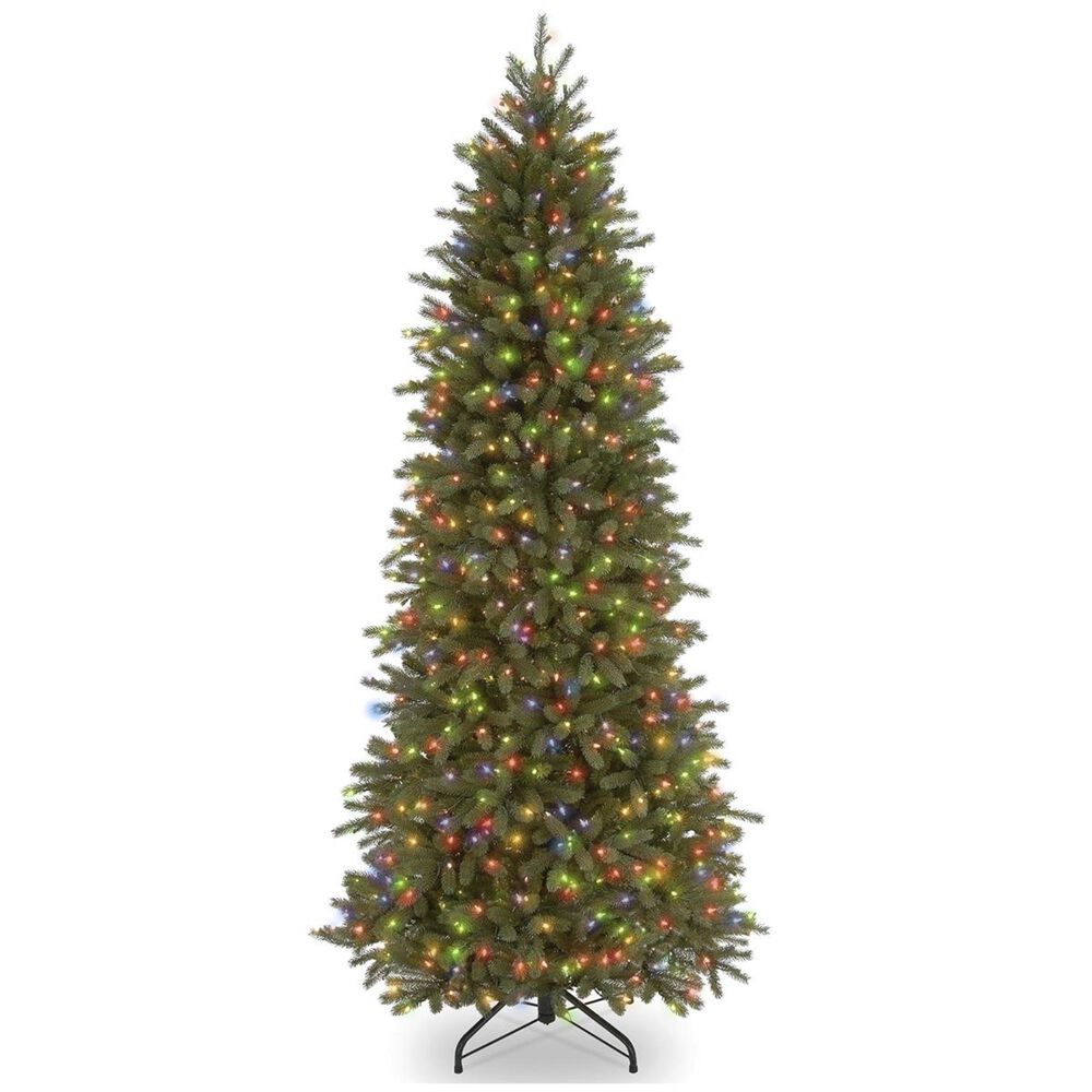 National Tree 7.5" Feel Real Jersey Fraser Pencil Slim Fir Hinged Tree with 800 Colored Lights, , large
