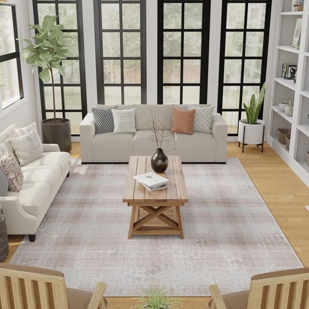 Central Oriental Rugease Velveteen Plaid 7&#39;6&quot; x 9&#39;6&quot; Beige and Ivory Area Rug, , large