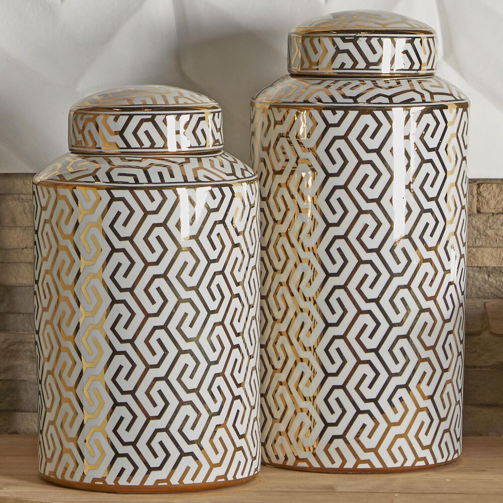 Maple and Jade 2-Piece Jar Set with Geometric Accents in Glossy Gold and White, , large