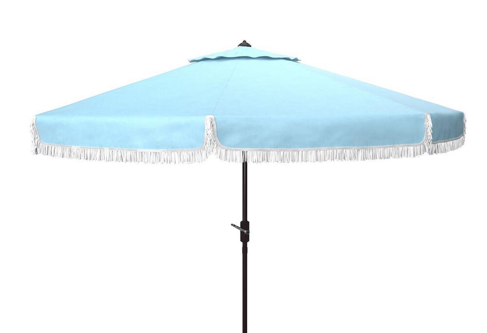 Safavieh Milan Fringe 9Ft Crank Baby Blue and White Outdoor Push Button Tilt Umbrella, , large
