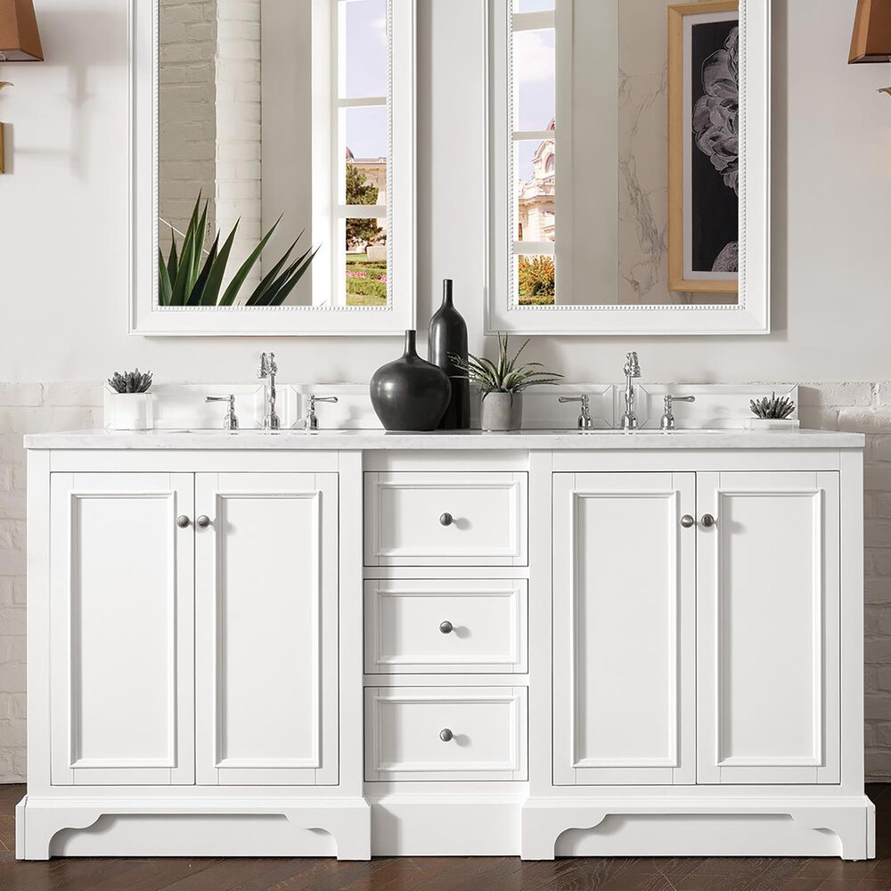James Martin Vanities De Soto 72&quot; Double Bathroom Vanity in Bright White with 3 cm Arctic Fall Solid Surface Top and Rectangular Sinks, , large