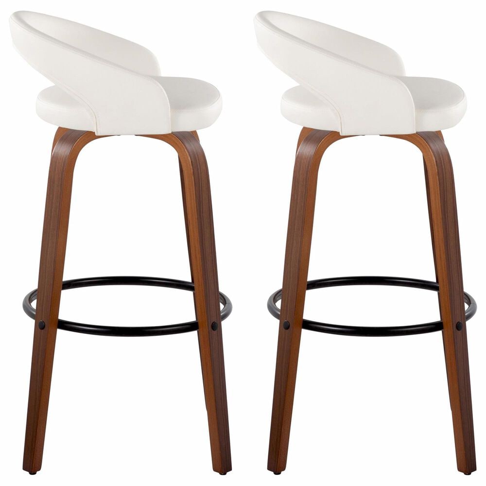 LumiSource Grotto Swivel Bar Stool with White Faux Leather Upholstery in Walnut Wood and Black (Set of 2), , large